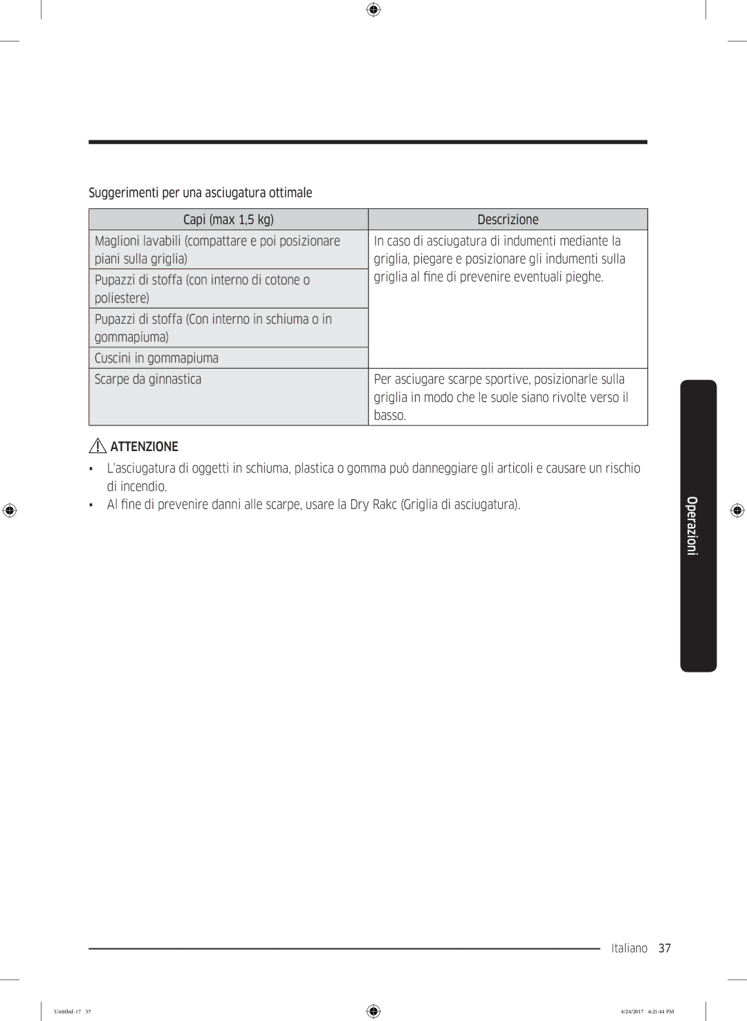 Samsung DV70M5220IW/ET, DV80M5210IW/ET, DV80M50101W/ET, DV70M50201W/ET, DV90M5000QW/ET manual Italiano 37  